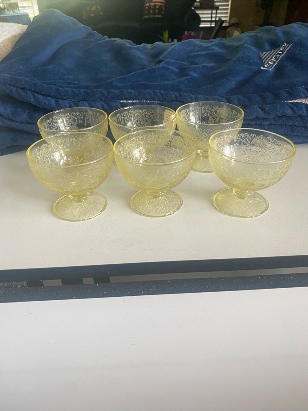 Set of 6 Yellow Pressed Glass Dessert Cups